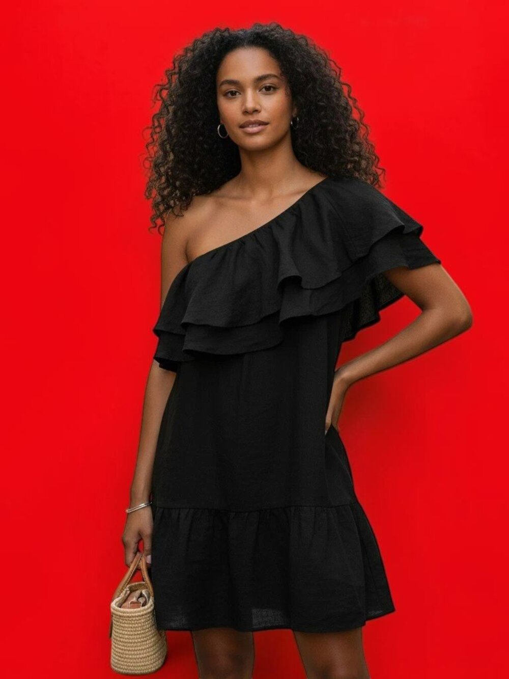 Cotton Candy LA Womens Large Black One Shoulder Ruffle Mini Dress Size L